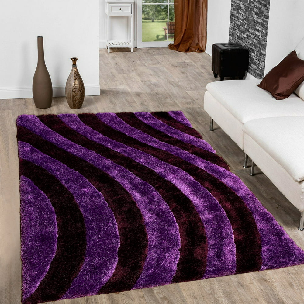 Allstar Purple Shaggy Area Rug with 3D Lines Design. Contemporary