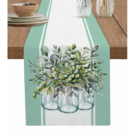 Eucalyptus Short Table Runners 36 Inches, Cotton Linen Fabric Table Runner Dresser Scarf, Green Leaves Botanical Plants Watercolor Tablerunner for Party/Kitchen/Dinner/Wedding Decor 13''x36''