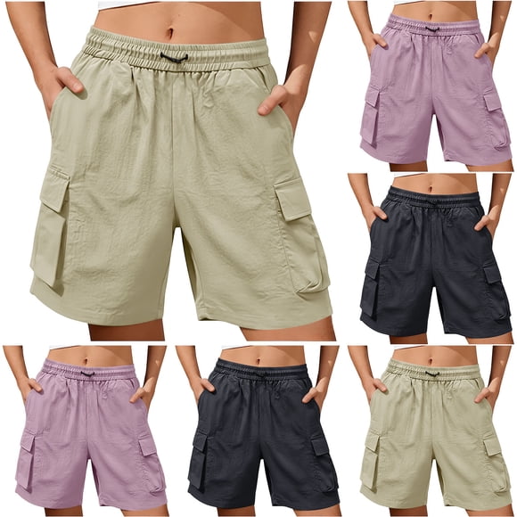 Brqkzdu Women Cargo Shorts Elastic Waisted Drawstring Knee Length Bermuda Shorts Summer Comfy Wide Leg Breathable Lounge Shorts with Pockets