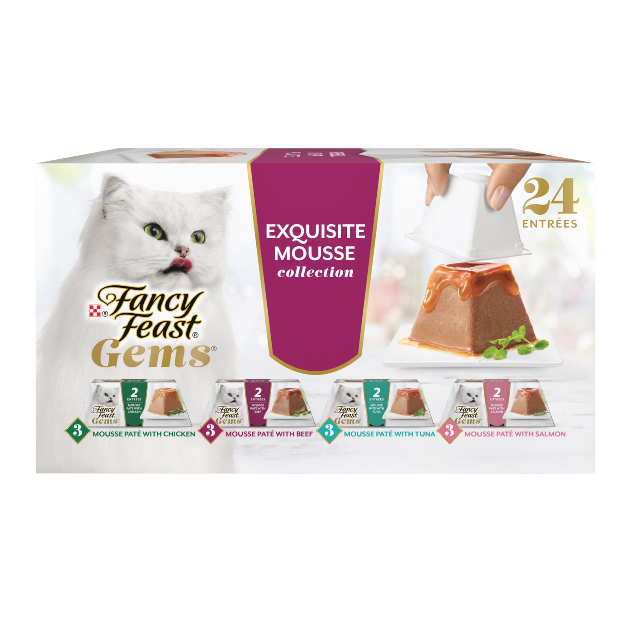 Purina Fancy Feast Gems Chicken, Beef, Tuna, & Salmon Flavor Mousse Pate Wet Cat Food Variety Pack, 2 oz Tubs (24 Pack)
