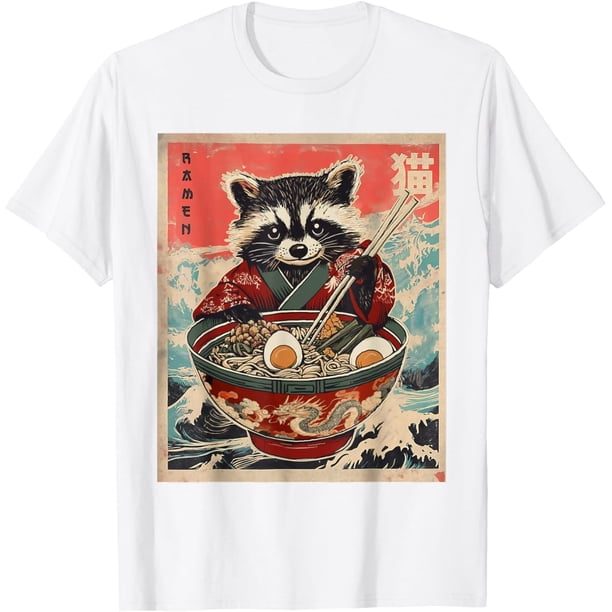 Camiseta de anime de mapache para comer ramen de fideos japoneses