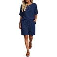 thumbnail image 2 of Gamivast 2 Piece Summer Outfits for Women Casual Linen Textured Short Sleeve Henley Shirt and Drawstring Shorts Set Loose Fit Lounge Tracksuit Vacation Streetwear Navy L, 2 of 7