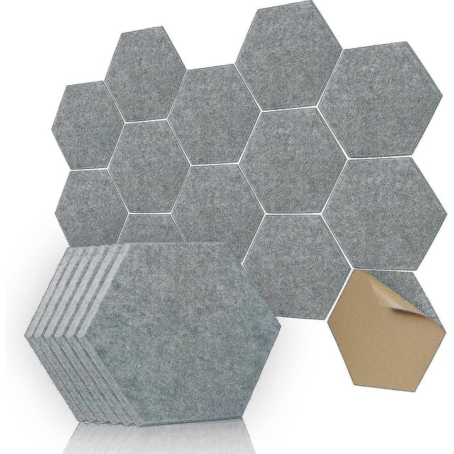 Paneles acústicos autoadhesivos hexagonales, paquete de 12 acolchados de pared insonorizados, panel de absorción de 12" x 10" x 0,4" utilizado en el hogar y las oficinas (gris)