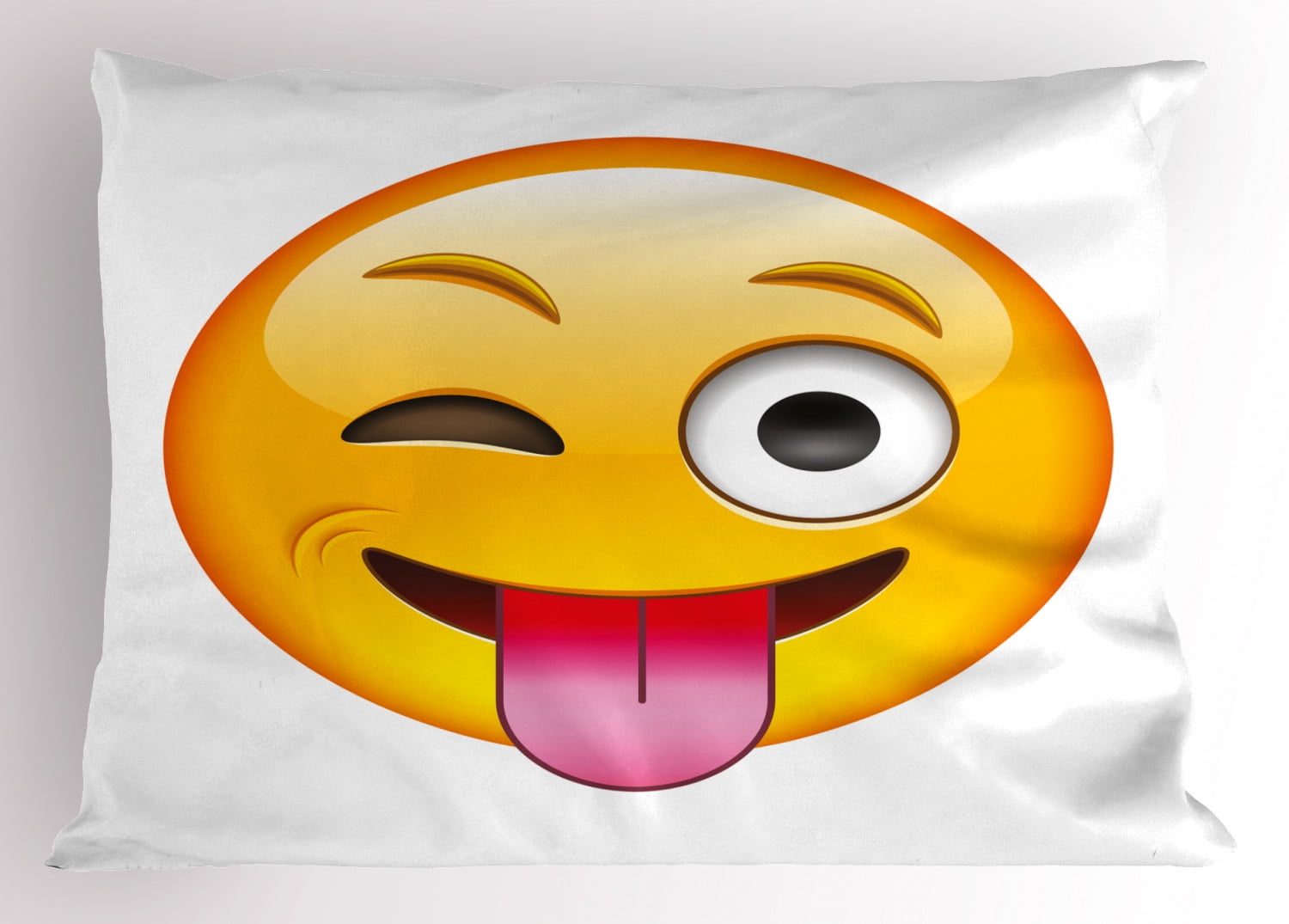 Emoji Pillow Sham Cartoon like Technologic Smiley Flirty Sarcastic Happy Face with Tongue Modern Print, Decorative Standard Queen Size Printed Pillowcase, 30 X 20 Inches, Yellow, by Ambesonne