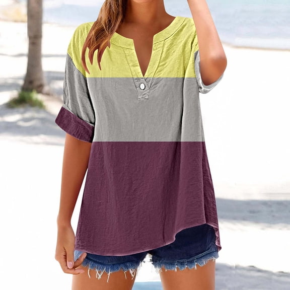 Womens Tops Plus Size Short-sleeved V-neck Printed Button Casual T-shirt Yellow XL
