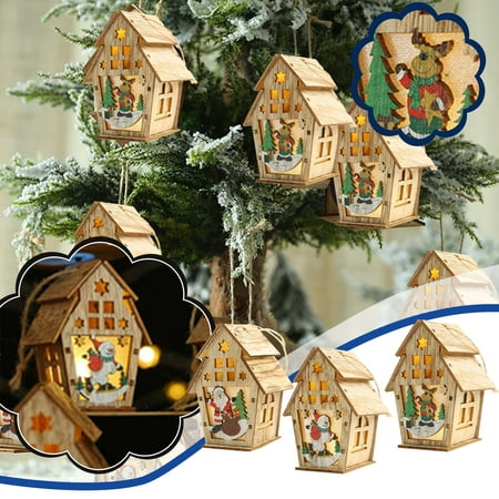 

LINMOUA Christmas New Wooden Decoration Cabin Luminous Pendant with Light Tree Pendant DIY Small House