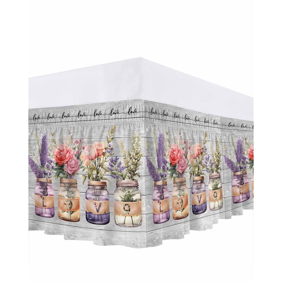 Valentine's Day Bed Skirt California King Size 16 Inch Drop, Roses Lavender Love Glass Vase Wood Grain Adjustable Elastic Dust Ruffles Bedskirt Wrap Around Pleated Mattress Frame Cover