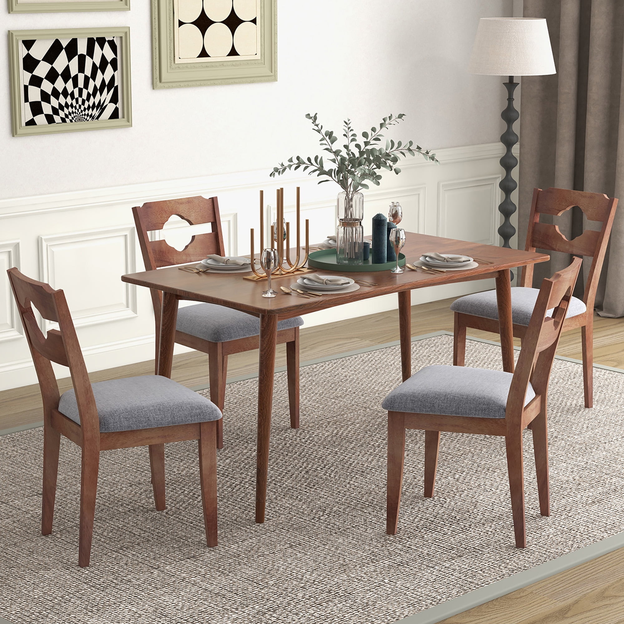 Gymax Set of 4 Dining Chair w/ Padded Seat High Back Rubber Wood Frame Kitchen Chairs