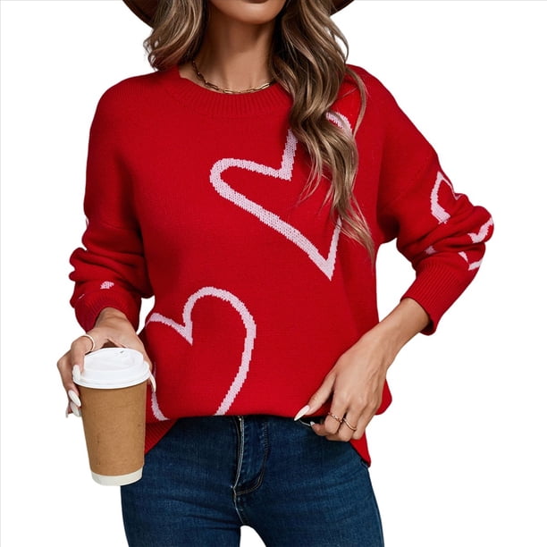 Suéter de San Valentín para Mujer, de Larga, con Bordado de Corazón, de Punto de Gran Tamaño, Tops. Rojo XL