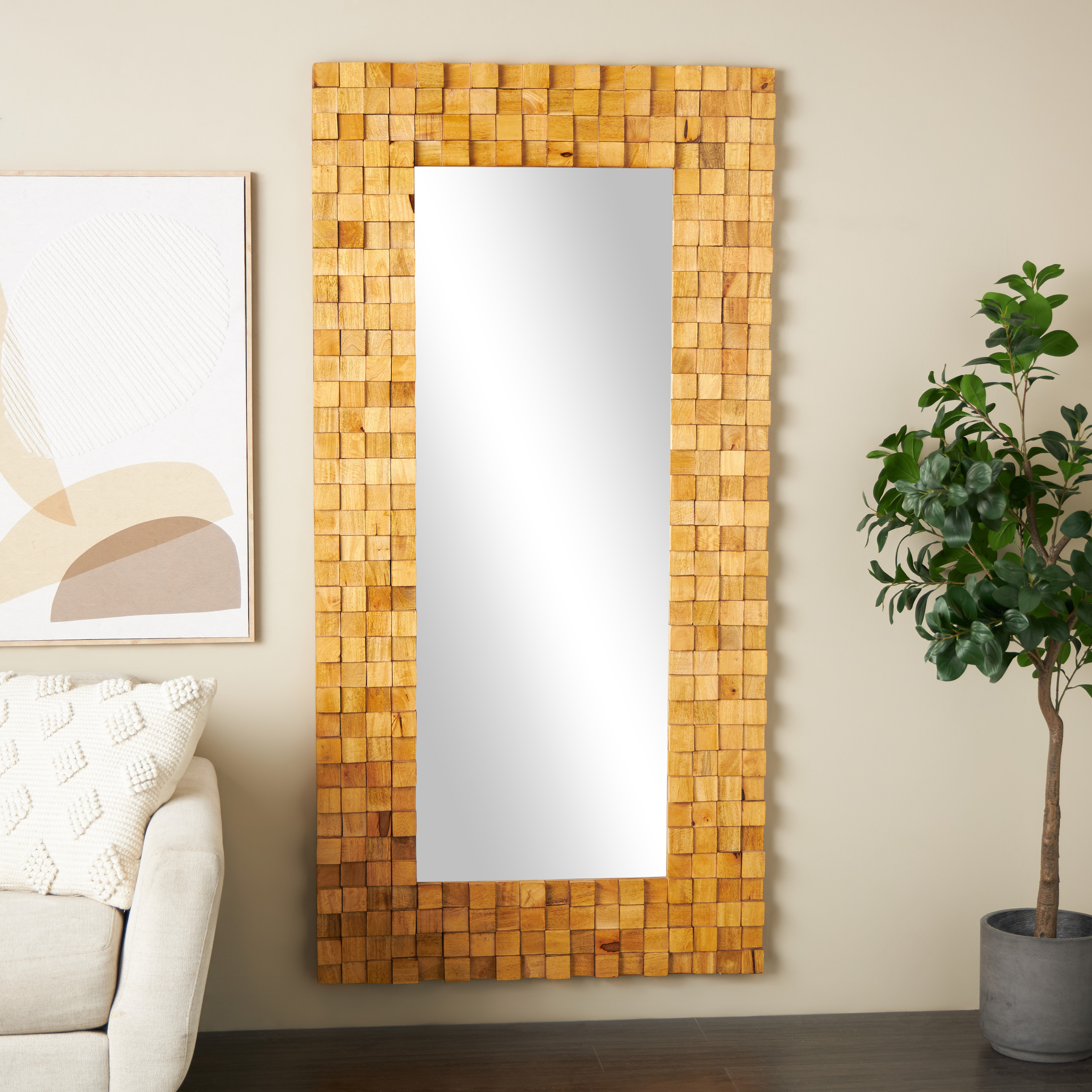DecMode 36" x 72" Brown Mango Wood Geometric Handmade Dimensional Square Mosaic Floor Mirror with Natural Wood Grain Patterns