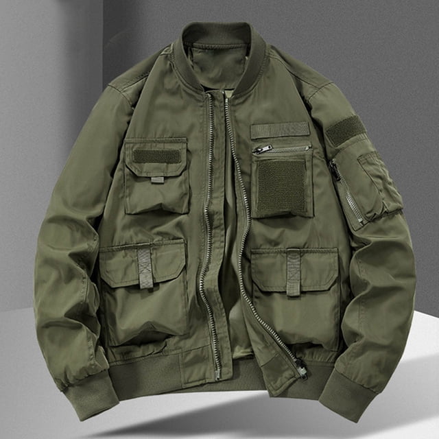 TIMIFIS Men's Military Lightweight Cargo Jacket Long Sleeve Windbreaker Zipper Stand Collar Jackets with Multi Pockets