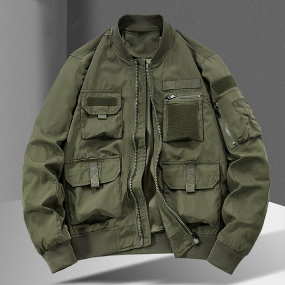 TIMIFIS Men's Military Lightweight Cargo Jacket Long Sleeve Windbreaker Zipper Stand Collar Jackets with Multi Pockets