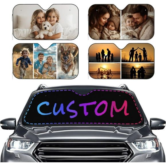 Custom Car Windshield Sun Shade with 1-4 Photo Personalized Picture Logo Text Car Sun Visor Customized Foldable Shield Vehicle Cover for Multi Cars Models SUV Trucks