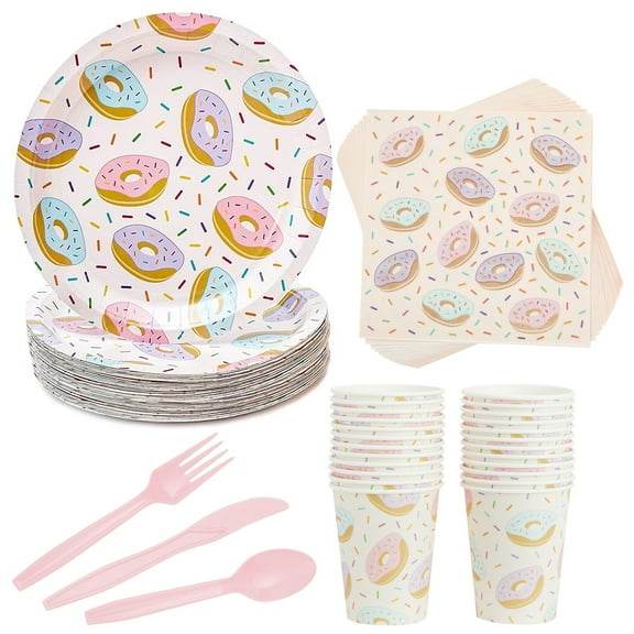 Juvale Donut Themed Party Decorations Kit - 144-Piece Pink Paper Set, Serves 24 - Donut Plates & Napkins, Cups & Cutlery - Sprinkle Party Decorations
