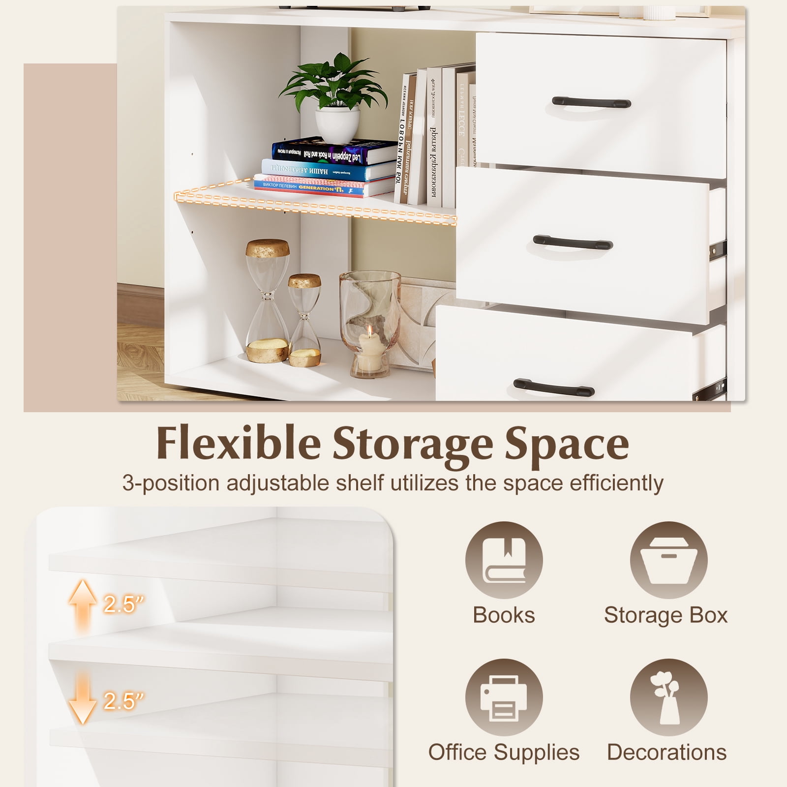 Costway L-Shaped Desk with Power Outlet 55" Reversible Computer Desk with 3 Drawers White