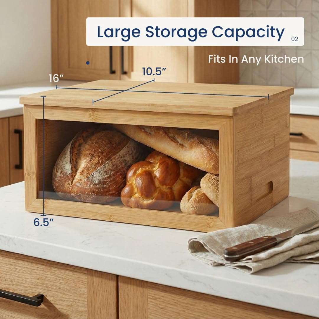 Bamboo Bread Box with Cutting Board Lid – Large Wooden Kitchen Countertop Storage Bin for Loaves and Pastries – Clear Acrylic Window Display – 15.4 x 9.9 Inch