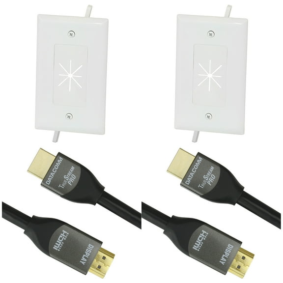 2 Pack DataComm Electronics 45-0014-WH 1-Gang Cable Plate with Flexible Opening (White) & 2 Pack 46-1806-BK 18Gbps HDMI Cable (6ft)