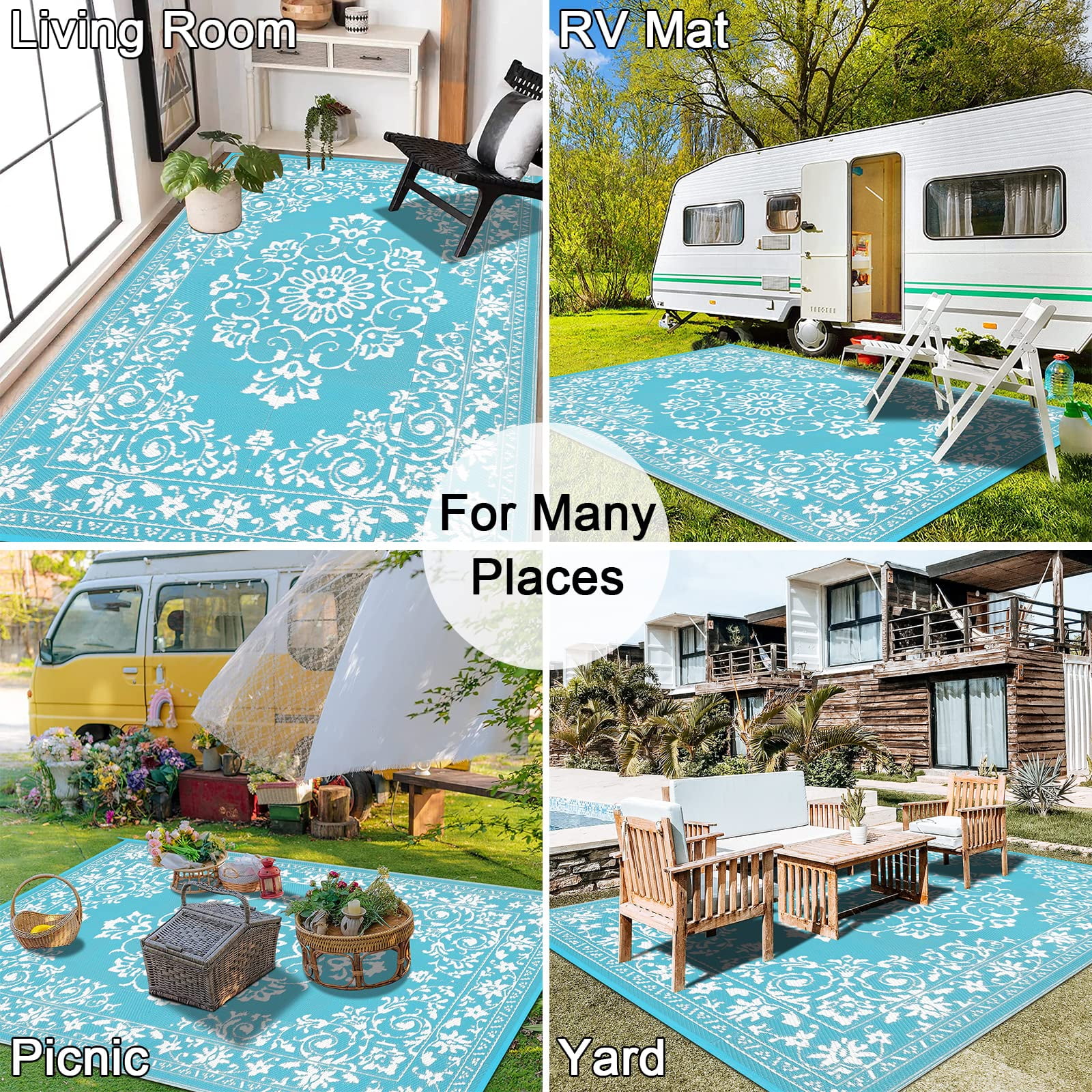 Findosom 8'x10' Boho Mandala Outdoor Rug Patio Rug Large Reversible Plastic Straw Rug RV Outdoor Mat Waterproof Foldable Portable Camping Mat for RV,Patio,Backyard,Deck,Picnic,Beach Teal