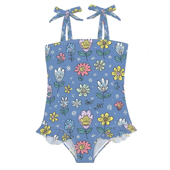 Girls' One-Piece Swimwear Bowknot Strap Swimsuit,Cartoon Flowers Printed Teen Swimwear for Resort Beach Water Park 18M
