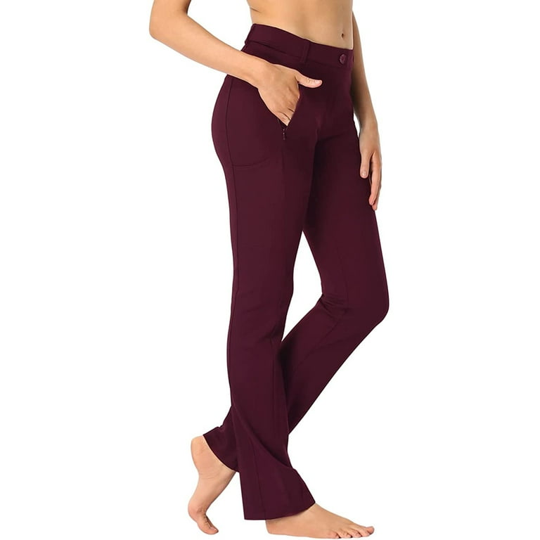 HDE Yoga Dress Pants for Women Straight Leg Pull On Pants with 8 Pockets  Burgundy - S Long 