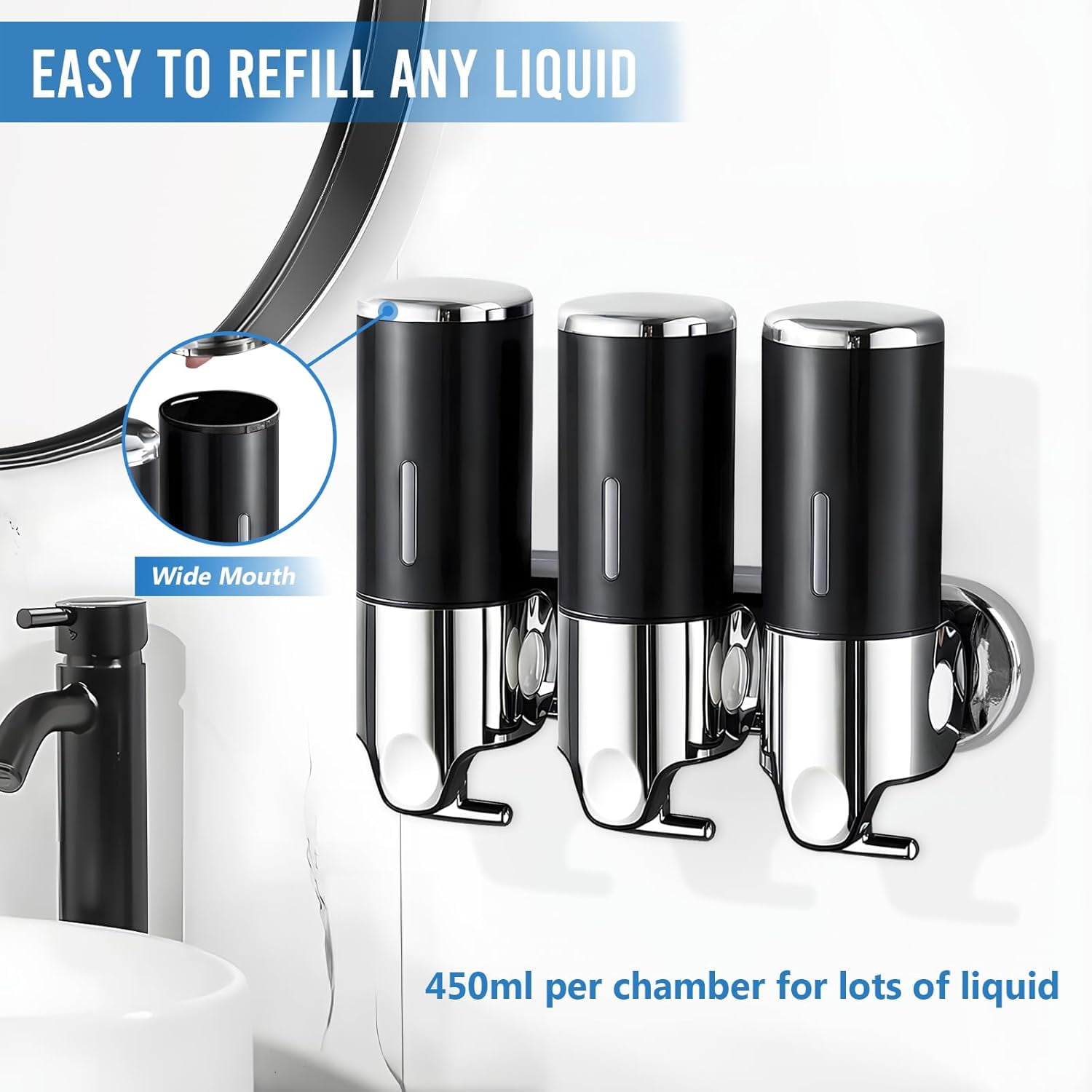 Soap Dispenser - 3 Chamber Black No Drill Bathroom Shampoo and Conditioner Dispenser for Shower, Wall Mounted Largre Capacity Refillable Dipsenser