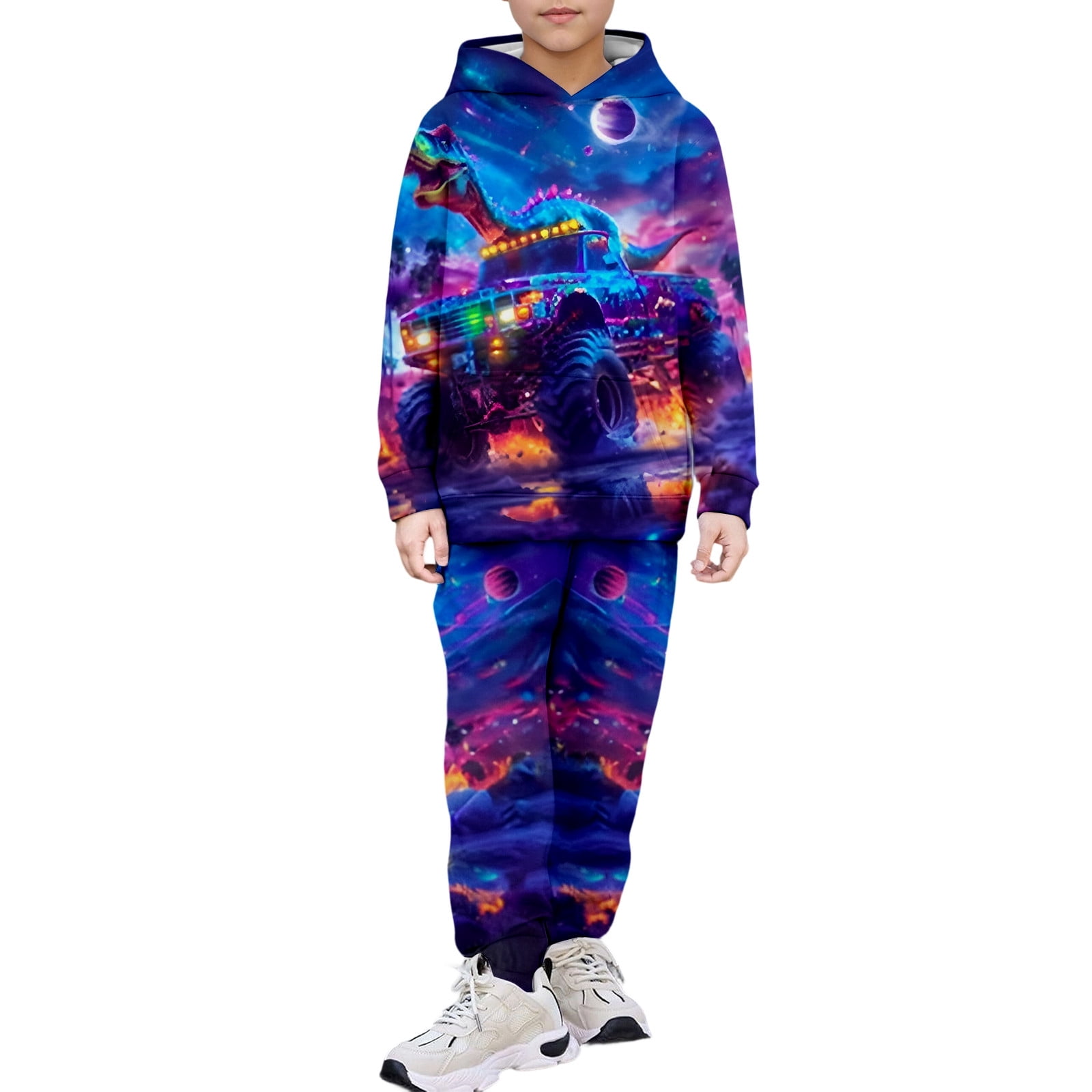 Toddler Boys Outfit Set S 2 Piece Hooded Long Sleeve Printed Set For Kids Comfortable Casual Playwear Long Sleeve Crew Neck Cute Print Boys Clothing Set Purple Size 6-7 Years