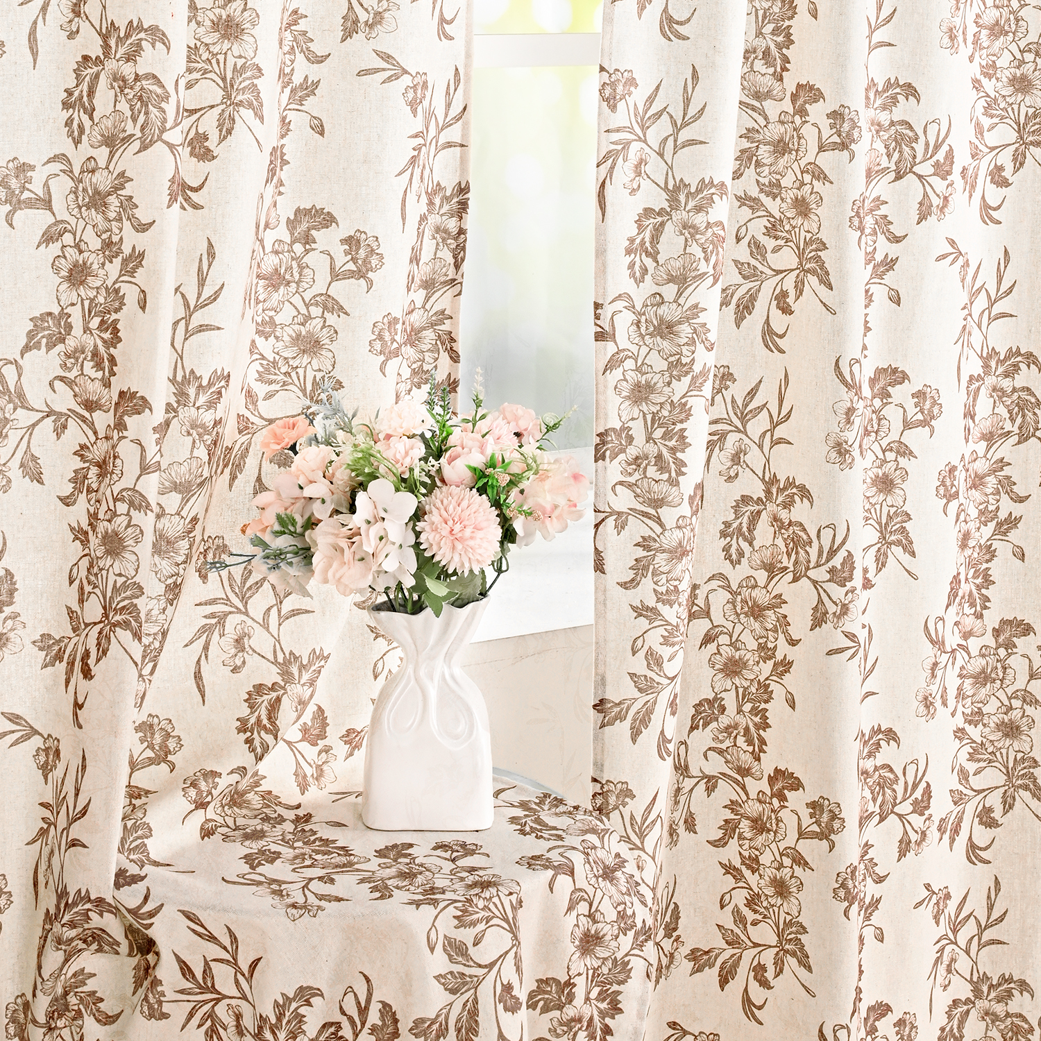 Alishomtll Floral Curtains for Living Room Farmhouse Country Linen Curtains Light Filtering Window Drapes,Brown ,52"x84", 2 Panels