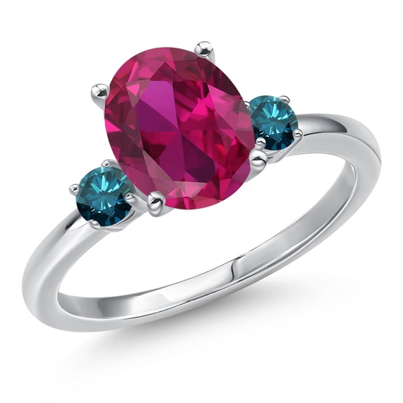 Gem Stone King 14K White Gold Red Created Ruby and Blue Diamond Engagement Ring for Women | 3.20 Cttw | Oval 10X8MM | Gemstone July Birthstone | Size 5