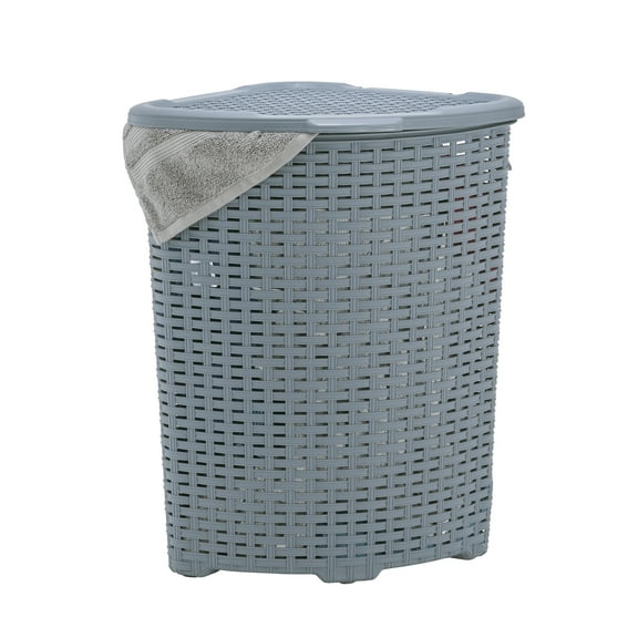 Superio Corner Laundry Hamper Basket With Lid 50 Liter - Grey Wicker Hamper - Durable, Lightweight Bin With Cutout Handles, Storage Dirty Cloths Curved Shape Design Fits Bathroom, Door and Closet
