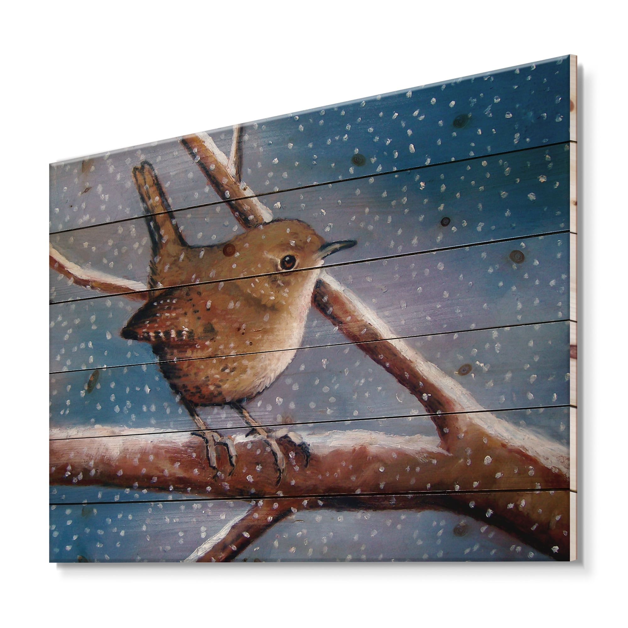 Designart 'Wren Bird On Branch In Winter' Farmhouse Print on Natural Pine Wood