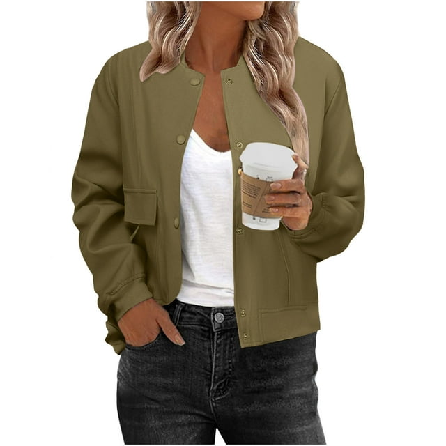Pincandy Blouson Bomber Décontracté pour Femmes, Veste Universitaire à Boutons avec Poches