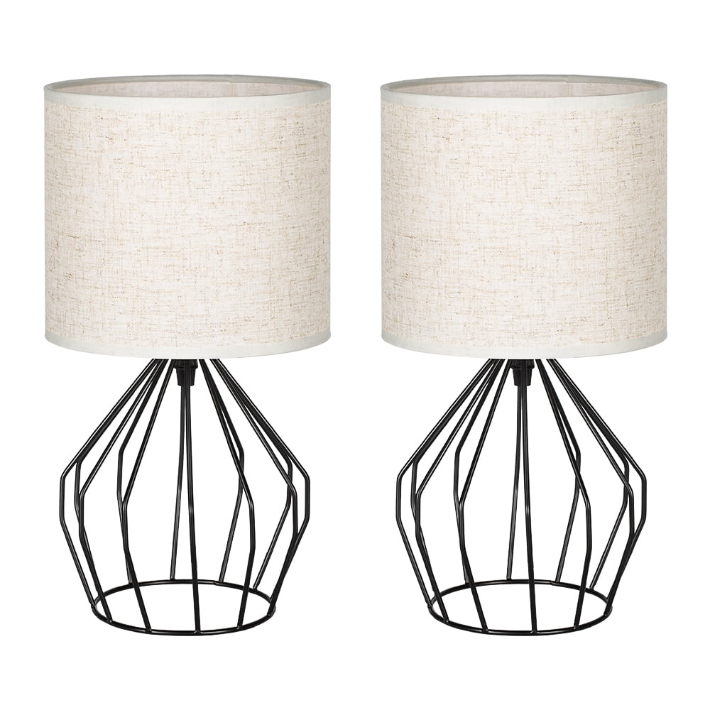 Bedside Nightstand Lamp, Black Hollowed Out Base with Linen Fabric Shade Lamps Set of 2