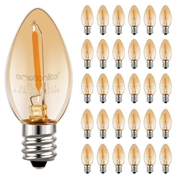 Emotionlite Night Light Bulbs Amber LED C7 Bulb 4W 5W 6W 7W Equivalent E12 Candelabra Base Salt Lamp and Nightlight Replacement Bulb 0.5W Amber Yellowish 2200K 50LM Amber 30 Pack