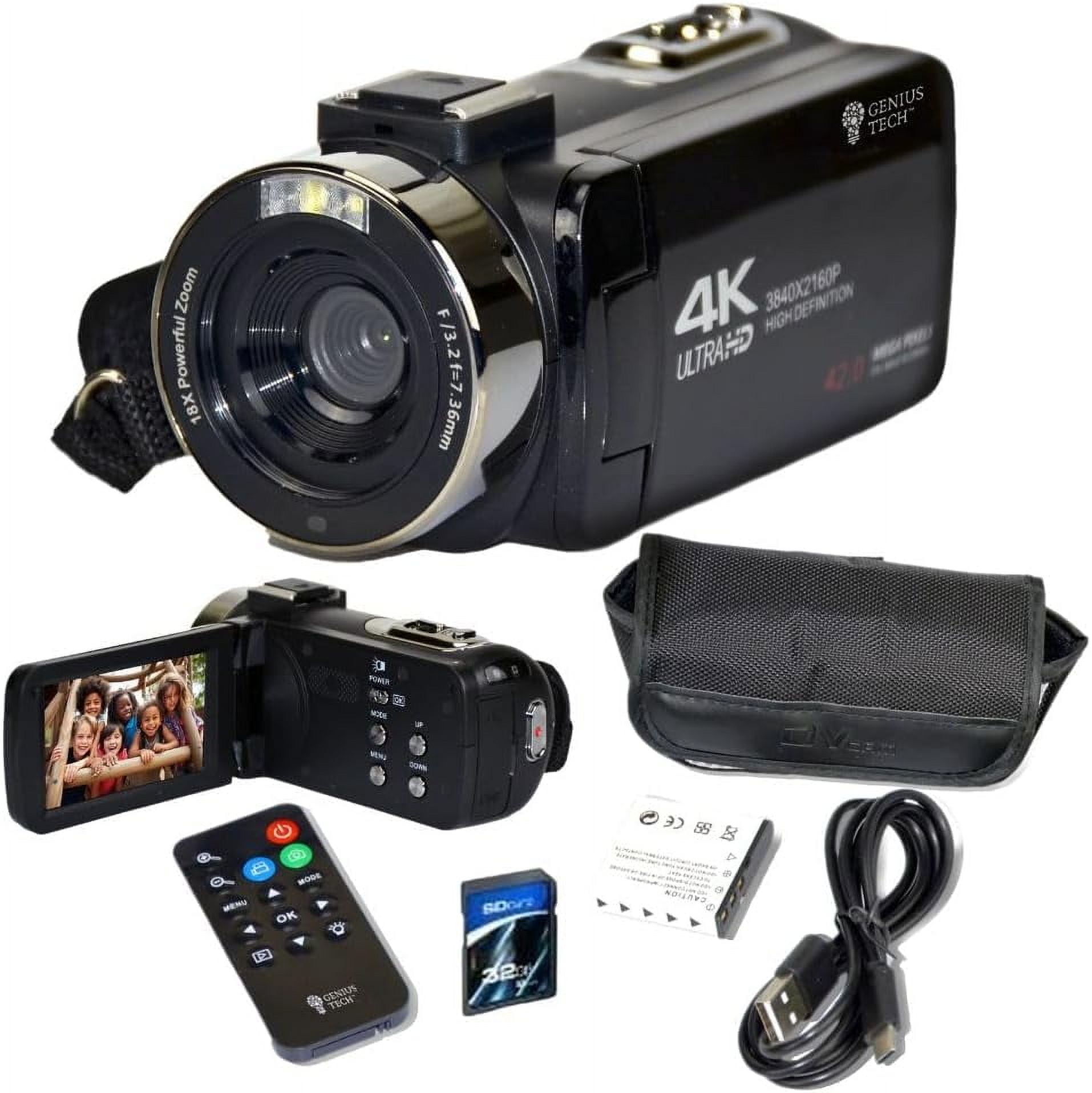 GeniusTech Digital Video Camera 42MP with 64GB SD Card, Remote, Case & USB Cable – Black