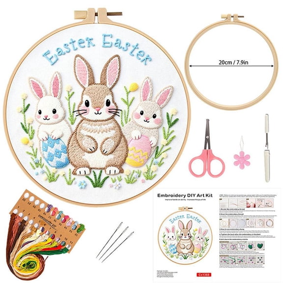 Easter Bunny Embroidery Kit For Beginners Complete All Inclusive Craft Set With Pre Stamped Fabric Hoop Threads And Guide