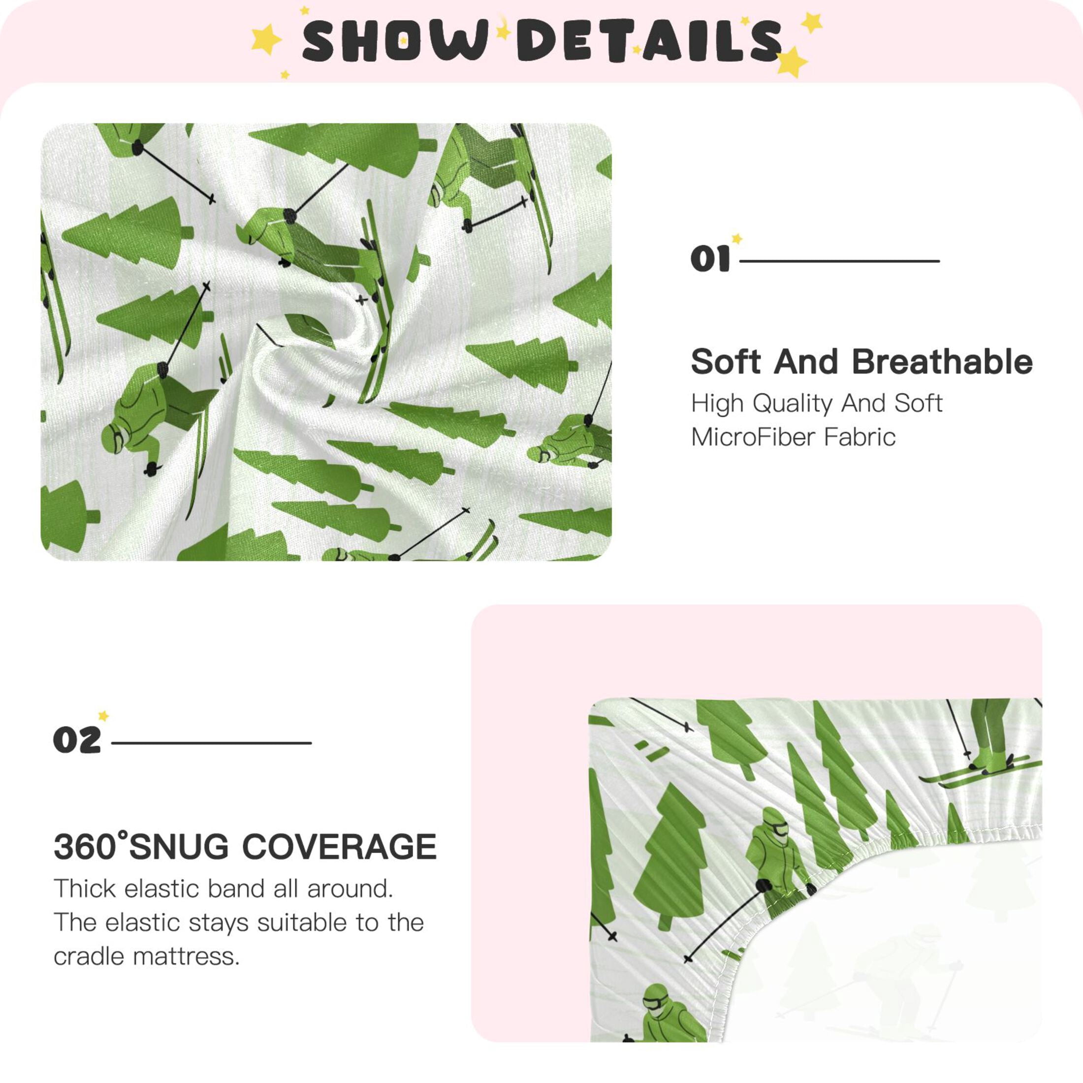 Baby Essentials 52”x 28”- Standard Cotton-like Modal Elastic- Green Skiing Design Crib Sheets for Newborns and Toddlers