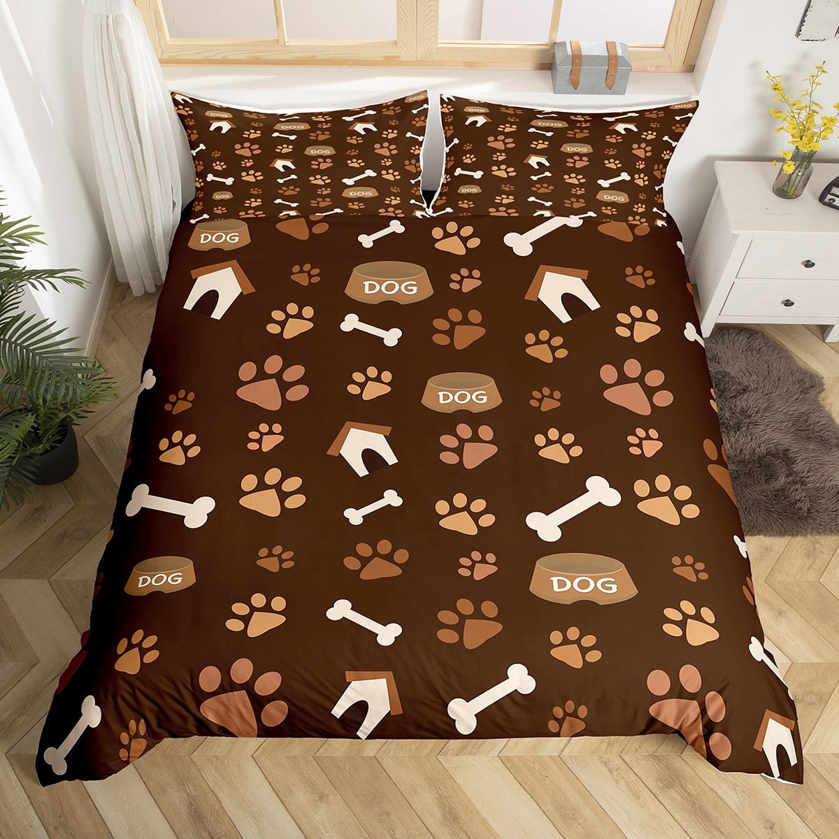 Dog Paw Print Bedding Set For Boys Full Cartoon Bone Dog Bowl Doghouse ...