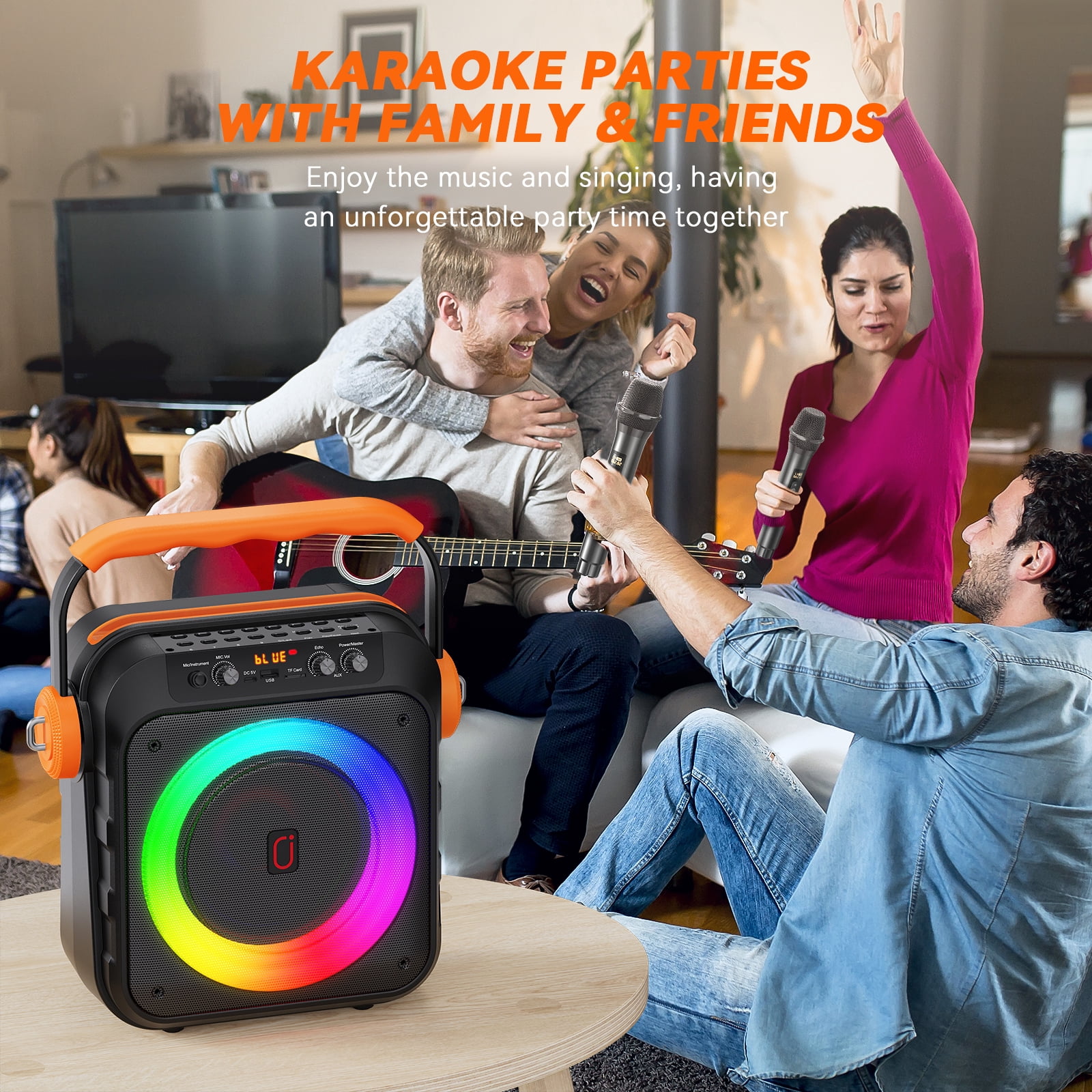 JAUYXIAN Karaoke Machine for Adult Kids, Karaoke System with 6.5'' Subwoofer, Bluetooth Speaker with 2 Microphone, Party Light, MS80