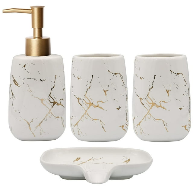 Juego de 4 Accesorios de baño de cerámica, diseño de mármol Dorado y Blanco, dispensador de jabón, Vaso para Cepillo de Dientes, jabonera, Adecuado para tocador de baño, Regalo para el hogar