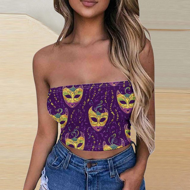 TIMIFIS Hauts Tube pour Femmes Mardi Gras Dos Nu Sans Manches Crop Top Imprimé Carnaval Fête de Vacances