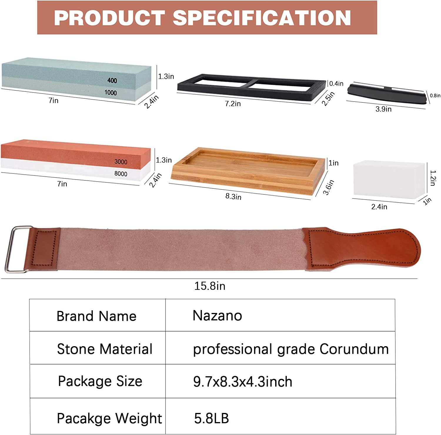 Weswose Knife Sharpening Whetstone Set - 11-Piece Professional Knife Sharpener Kit with Dual Grit 400/1000 & 3000/8000 Sharpening Stones, Bamboo Base, Leather Strop, and Polishing Compound