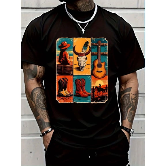 100% Cotton Bull Skull Boho Boot Western Cowgirl Guitar, Wild West Retro T-Shirt Men's Women's vintage Summer vacation tops Graphic Tee
