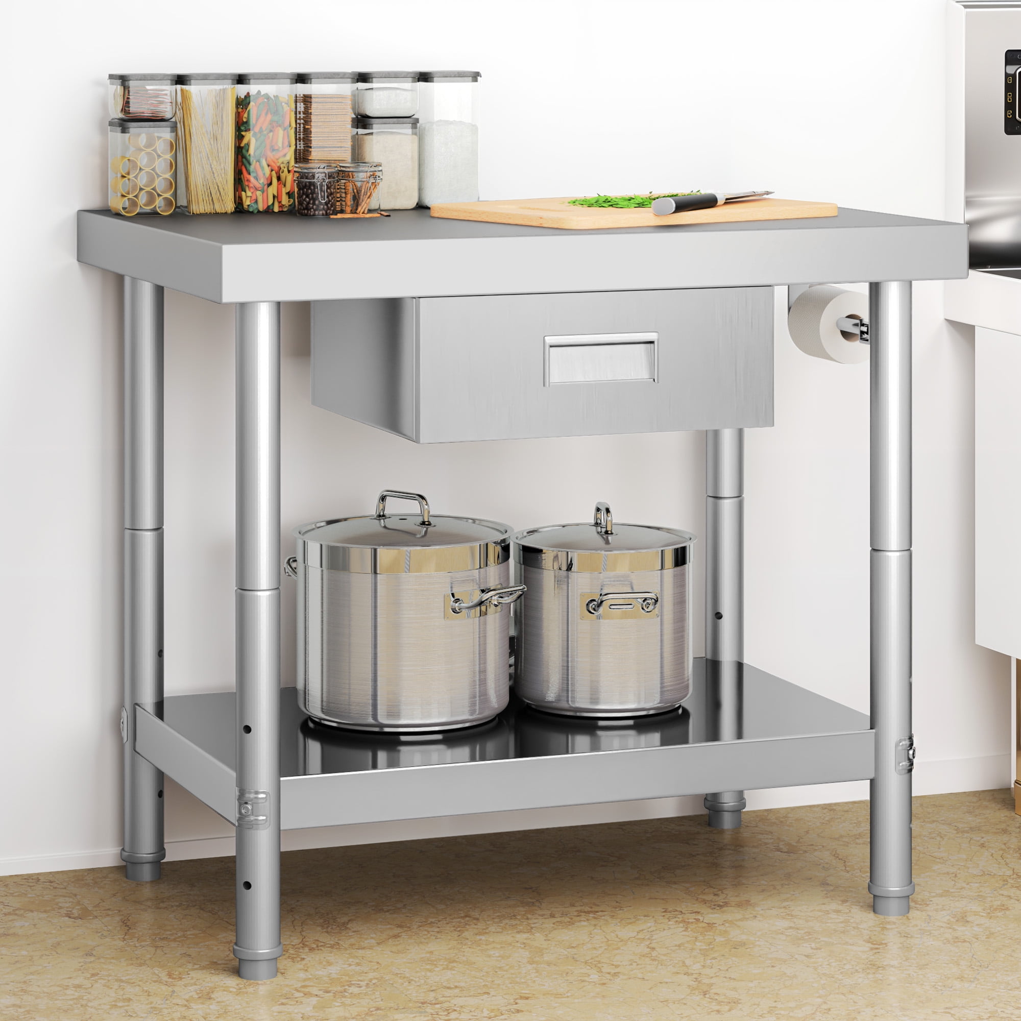 Uforic Stainless Steel Table with Paper Towel Holder and Drawer, 36" × 24" Work Table with Drawer, Metal Table Prep Table
