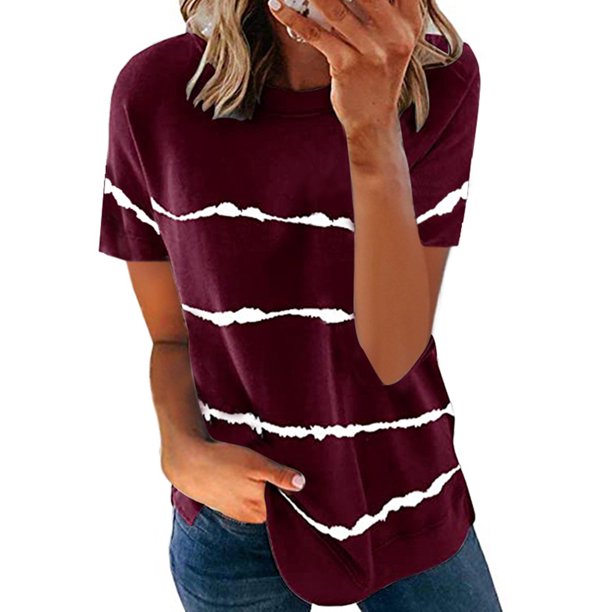 Women Short Sleeve T Shirt, Breathable Casual Style Round Neck Polyester Fiber Stripes Pattern Women Summer T Shirt Skin Friendly For Shopping
