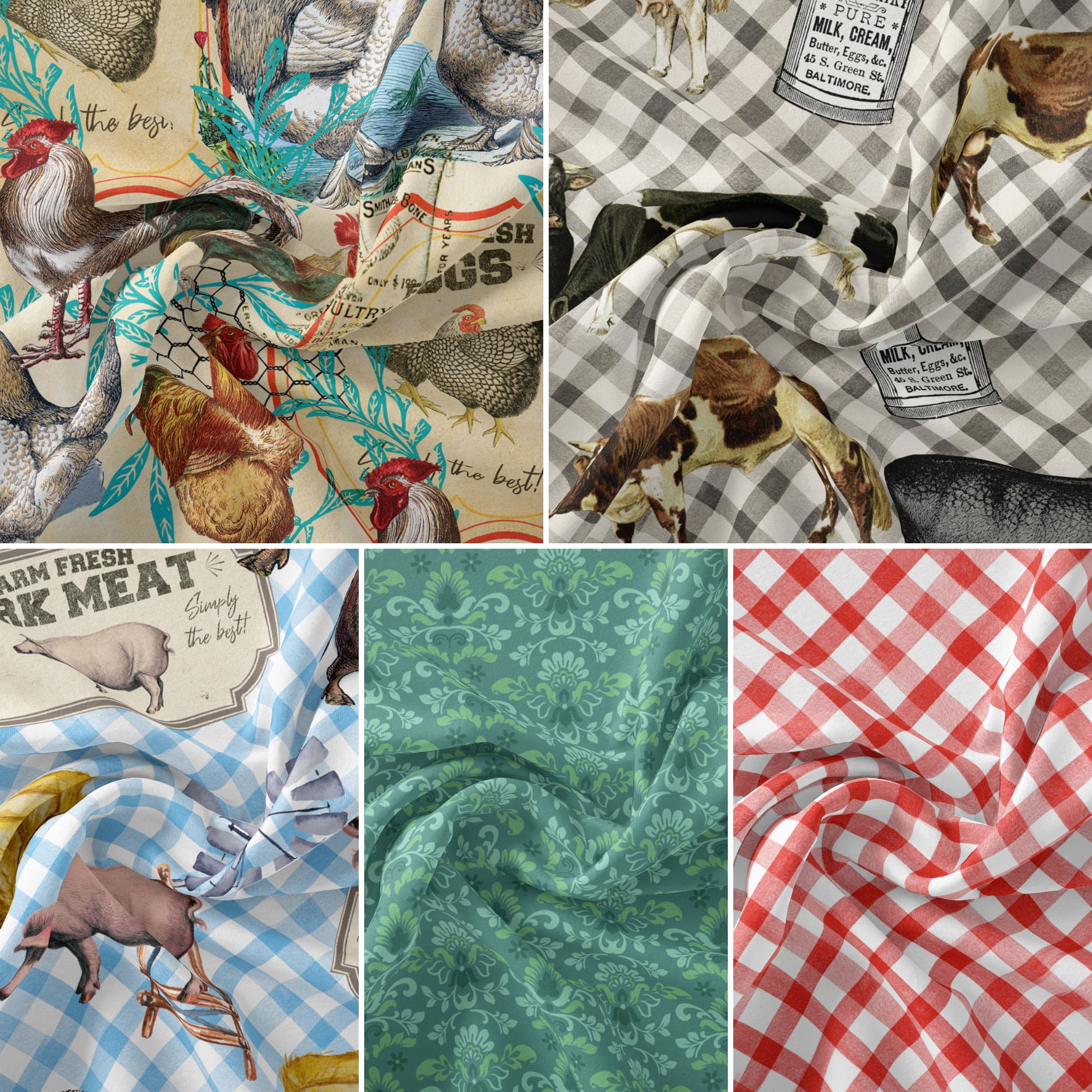 David Textiles 18" x 21" 100% Cotton Famr Chickens, Multi-color, for Quilting & Sewing, 5 Pieces