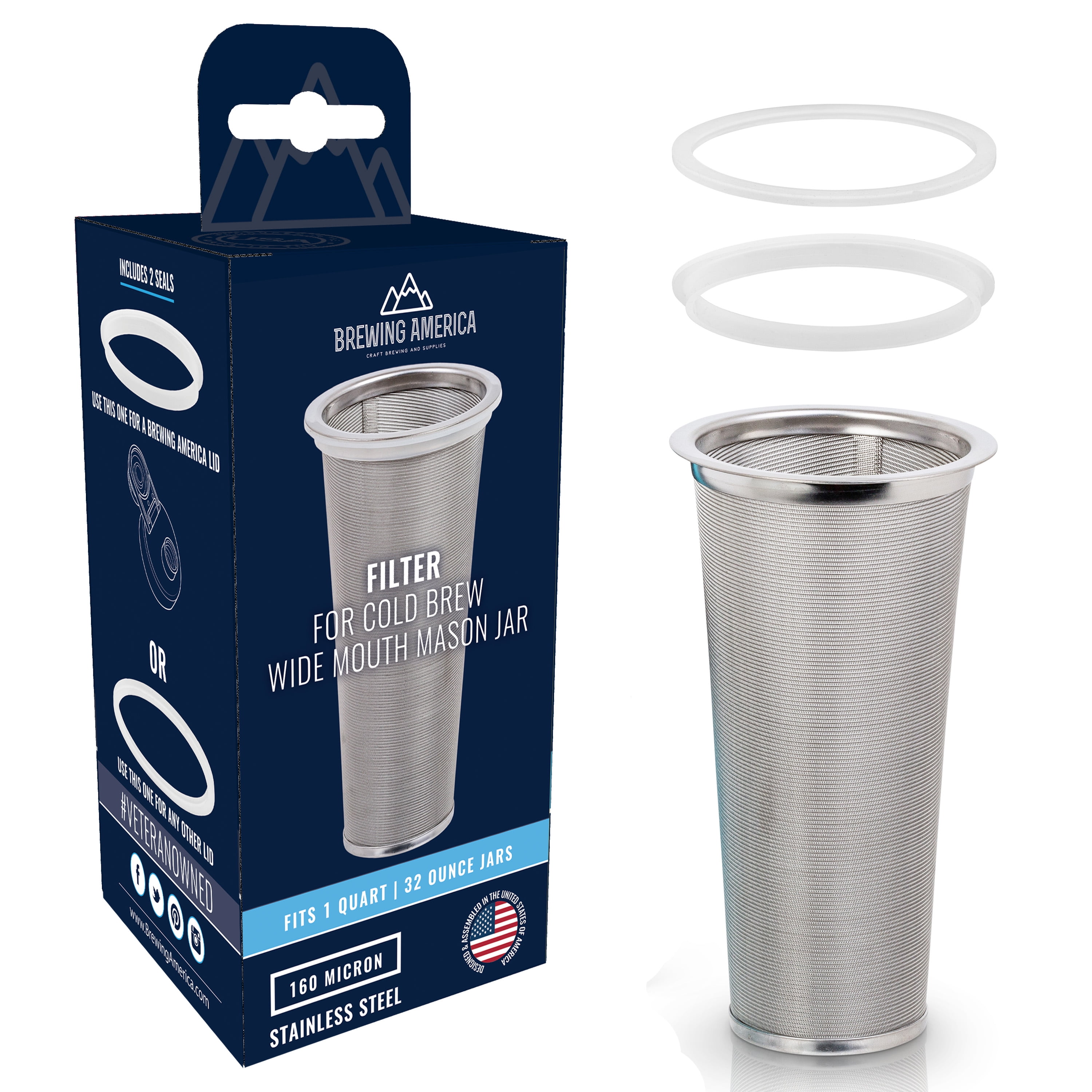 Cold Brew Filter for Mason Jar Wide Mouth Coffee Maker - 1 Quart (32 Ounces), Teal by Brewing America