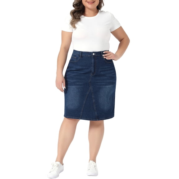 Agnes Orinda Women's Plus Size Mother's Day Denim Skirt High Waist Knee Length Stretch Casual Midi Jean Pencil Skirts with Pockets 1X Dark Blue