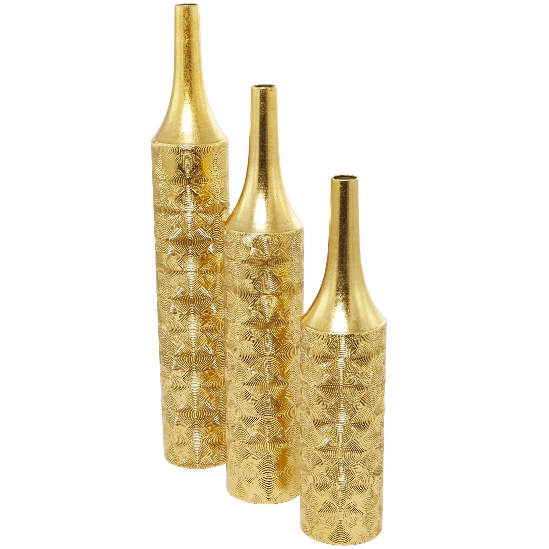 DecMode 36", 30", 25"H Geometric Tall Distressed Metallic Gold Metal Vase with Engraved Swirl Patterns, Set of 3
