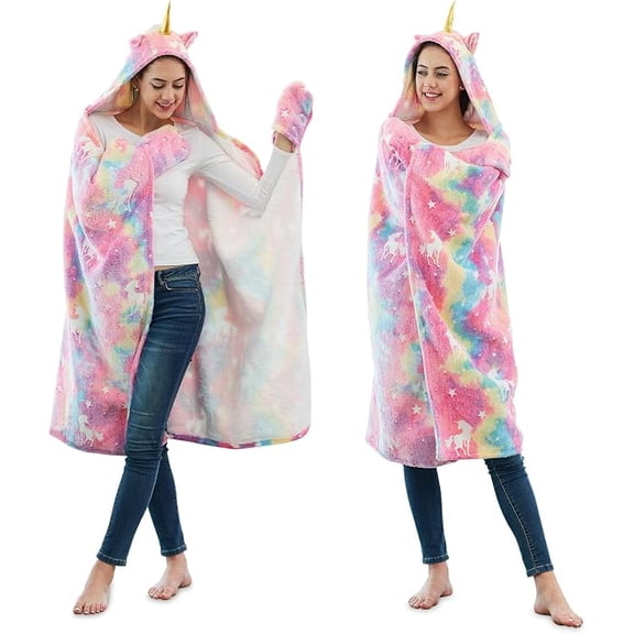 RAINBEAN Unicorn Wearable Hooded Blanket for Adults - Super Soft Warm Cozy Plush Flannel Fleece & Sherpa Hoodie Throw Cloak Wrap - Unicorn Gifts for Women Adults