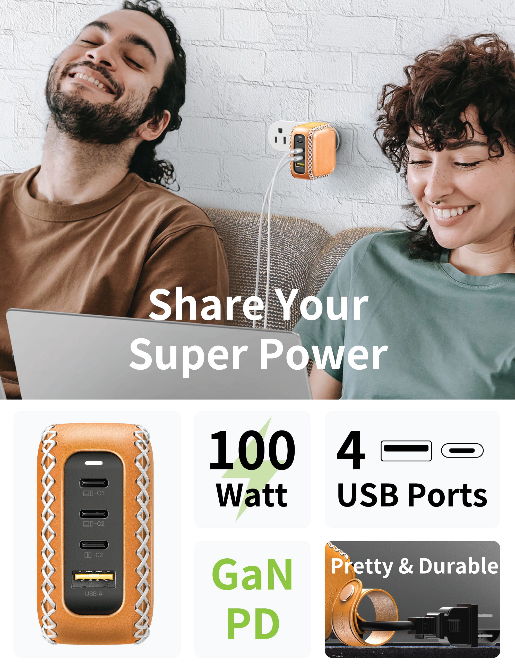 VogDUO 100W USB C Desktop Charging Station- 4 Port Foldable Plug GaN PD Fast Wall Charger Power Adapter with Leather 5ft Extension Cable for MacBook Pro, iPad Apple Watch, iPhone 14, 13, 12 (Tan)